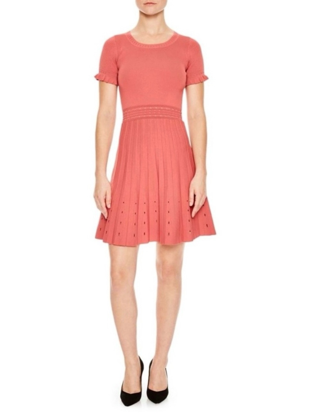 Sandro Paris Rose Pink Etor Eyelet-Detail Pleated Knit Dress - Picture 9 of 10